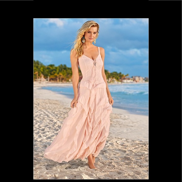 venus lace up ruffle maxi dress